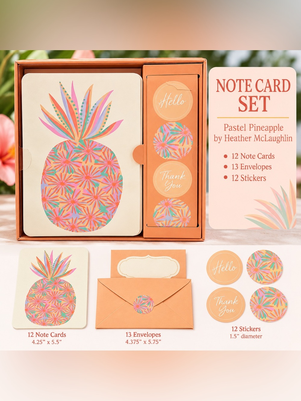 Pastel Pineapple Note Card Set by Heather McLaughlin – 37 Piece Stationery Set